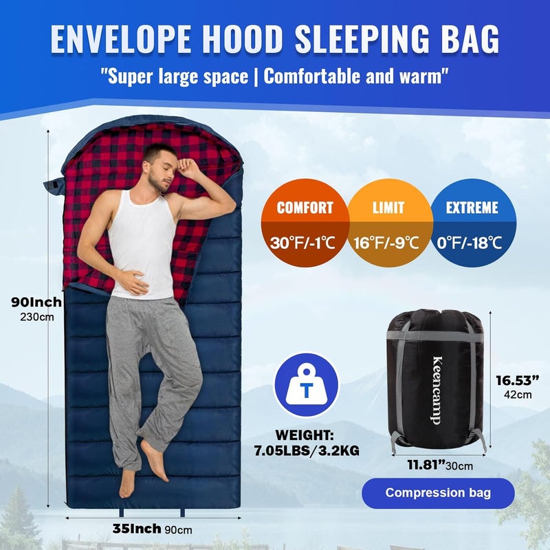 Keencamp 0 Degree Sleeping Bag Cotton Flannel Winter Cold Weather for Adults XXL Sleeping Bag 4 Season Big and Tall with Pillow Compression Sack - Image 2